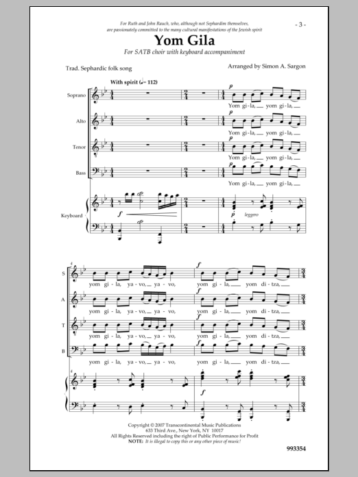 Yom Gila (SATB Choir) von Simon Sargon
