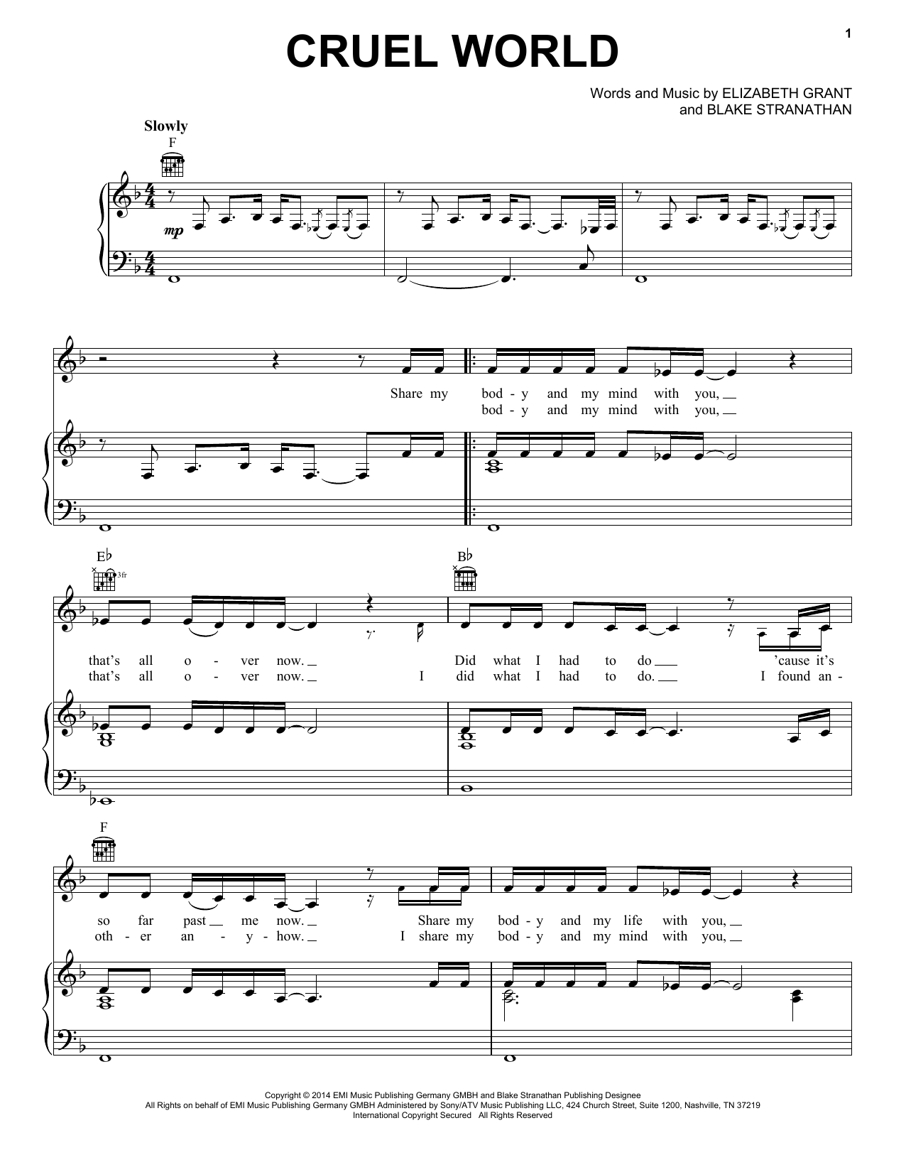 Cruel World (Piano, Vocal & Guitar Chords (Right-Hand Melody)) von Lana Del Rey