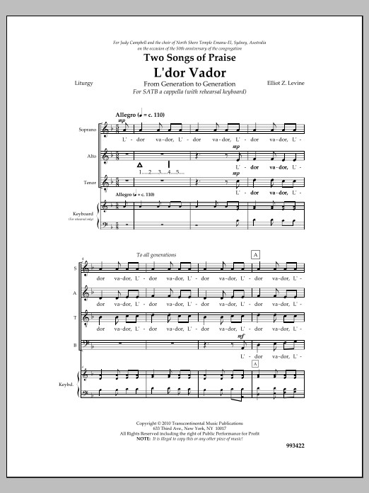 Two Songs Of Praise: L'dor Vador And Psalm 146 (SATB Choir) von Elliot Z. Levine