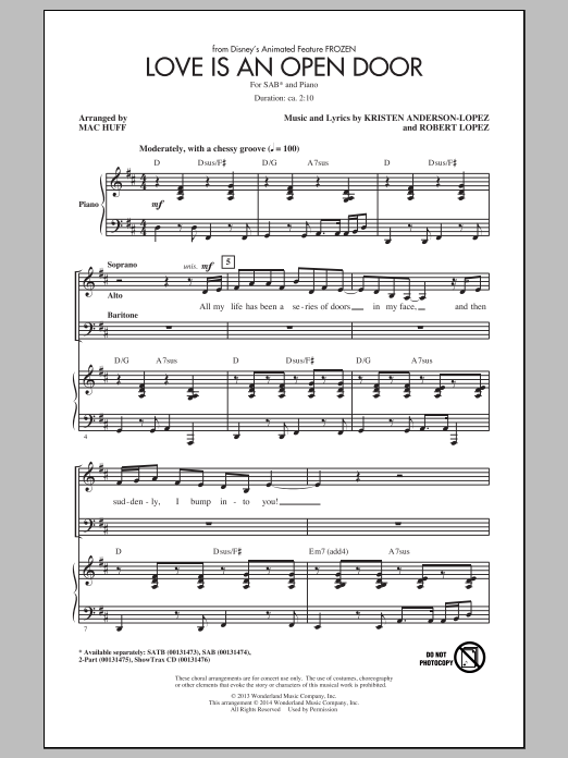 Love Is An Open Door (from Frozen) (arr. Mac Huff) (SAB Choir) von Kristen Bell & Santino Fontana