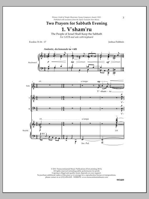 Two Prayers for Sabbath Evening (SATB Choir) von Joshua Fishbein