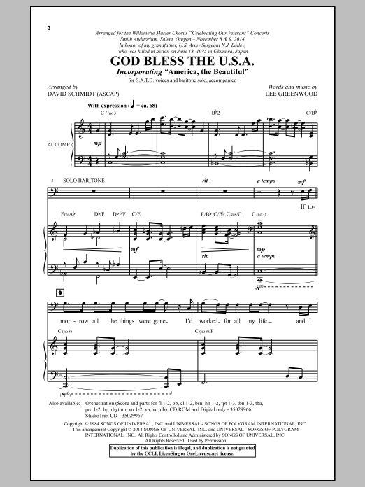 God Bless The U.S.A. (arr. David Schmidt) (SATB Choir) von Lee Greenwood