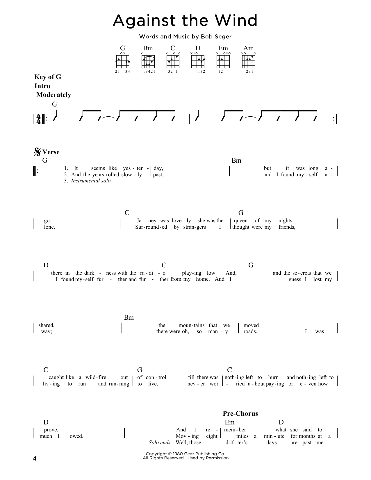 Against The Wind (Guitar Lead Sheet) von Bob Seger