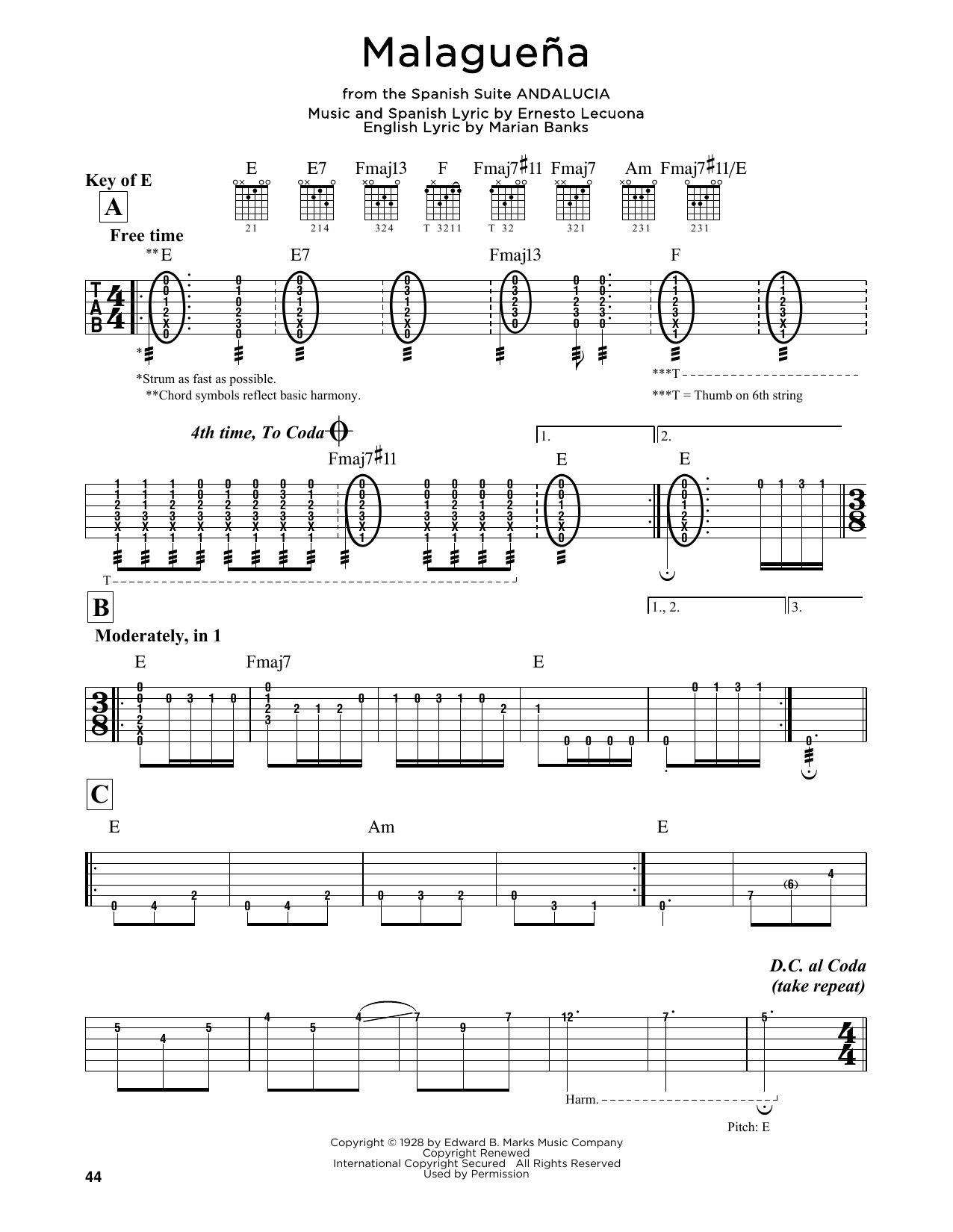 Malaguena (Guitar Lead Sheet) von Ernesto Lecuona