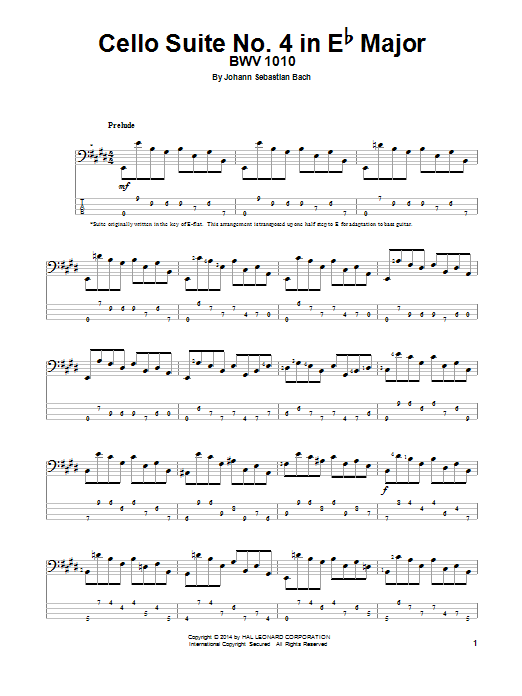 Cello Suite No. 4 In E-Flat Major, BWV 1010 (Bass Guitar Tab) von Johann Sebastian Bach