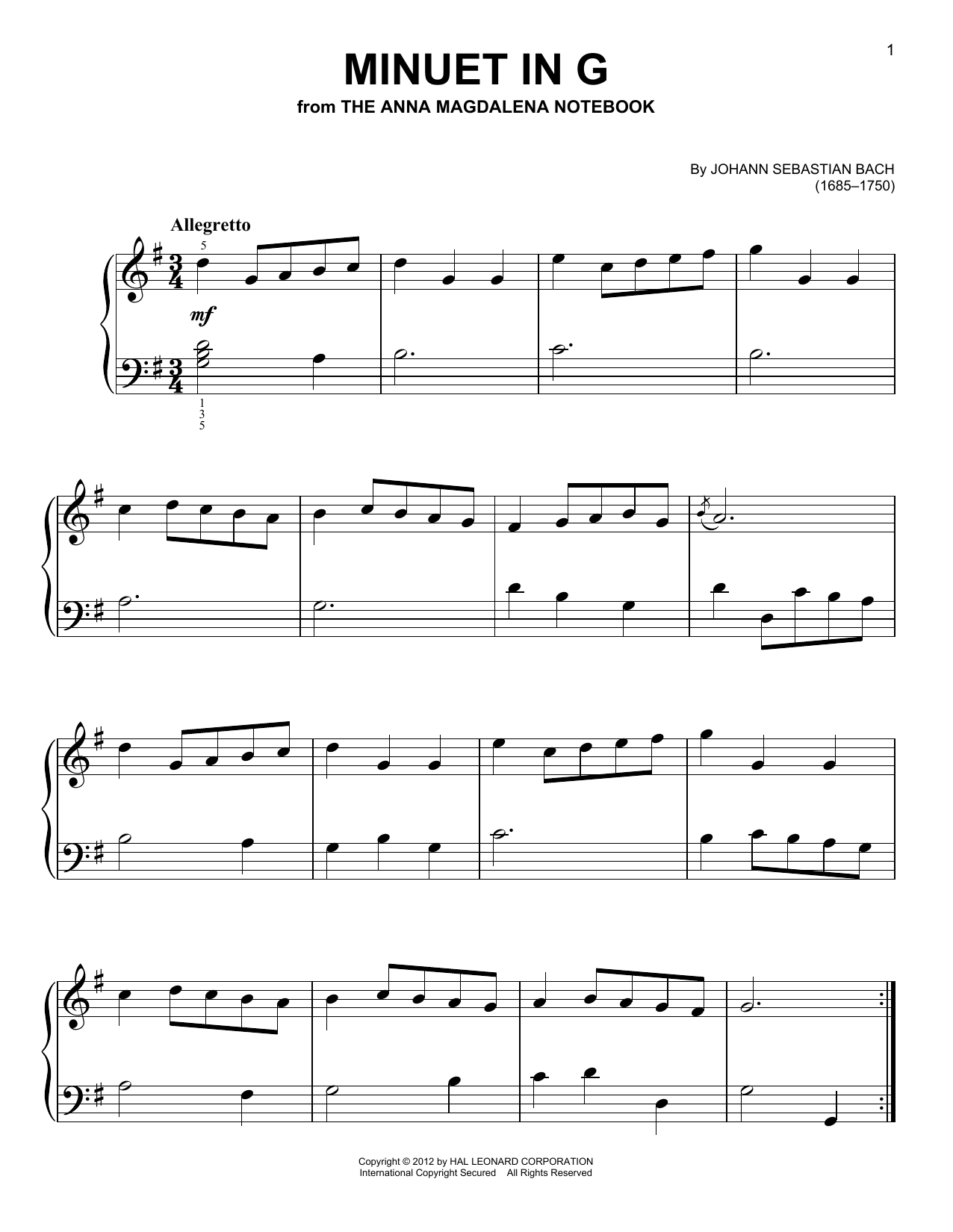 Minuet In G (Easy Piano) von J.S. Bach