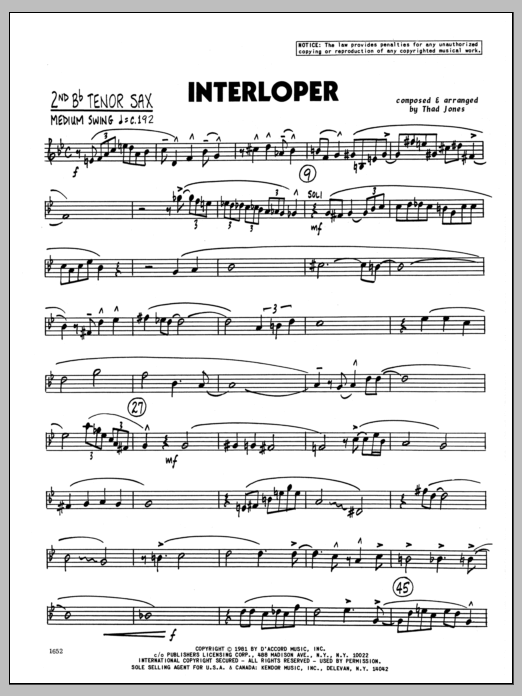 Interloper - 2nd Bb Tenor Saxophone (Jazz Ensemble) von Thad Jones