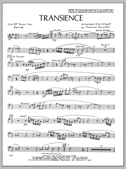 Transience - 2nd Bb Tenor Saxophone (Jazz Ensemble) von Toshiko Akiyoshi