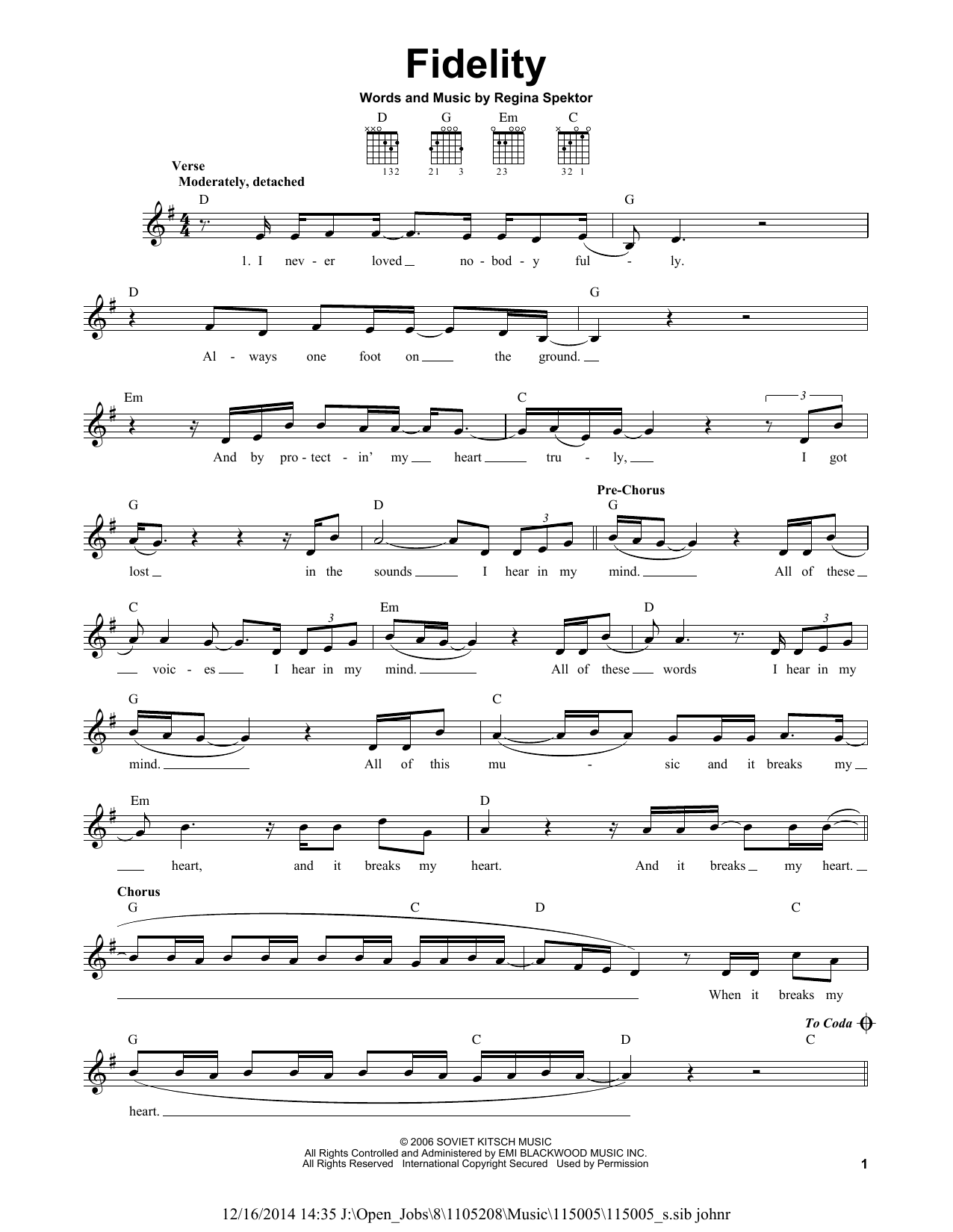 Fidelity (Easy Guitar) von Regina Spektor