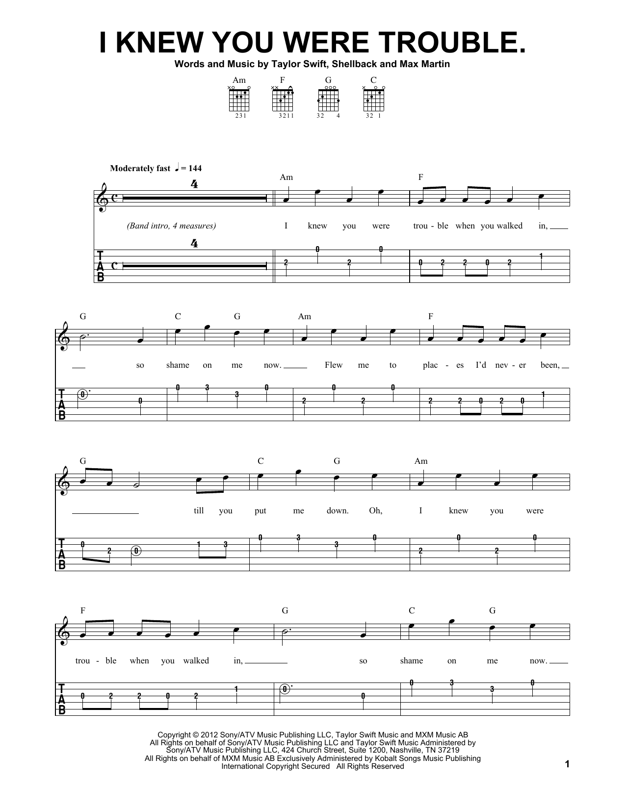 I Knew You Were Trouble (Easy Guitar Tab) von Taylor Swift