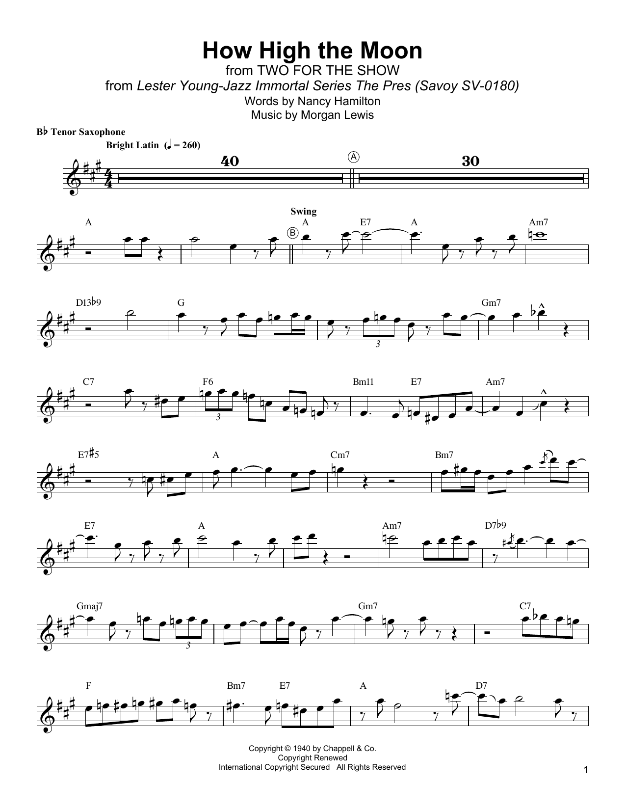 How High The Moon (Tenor Sax Transcription) von Lester Young