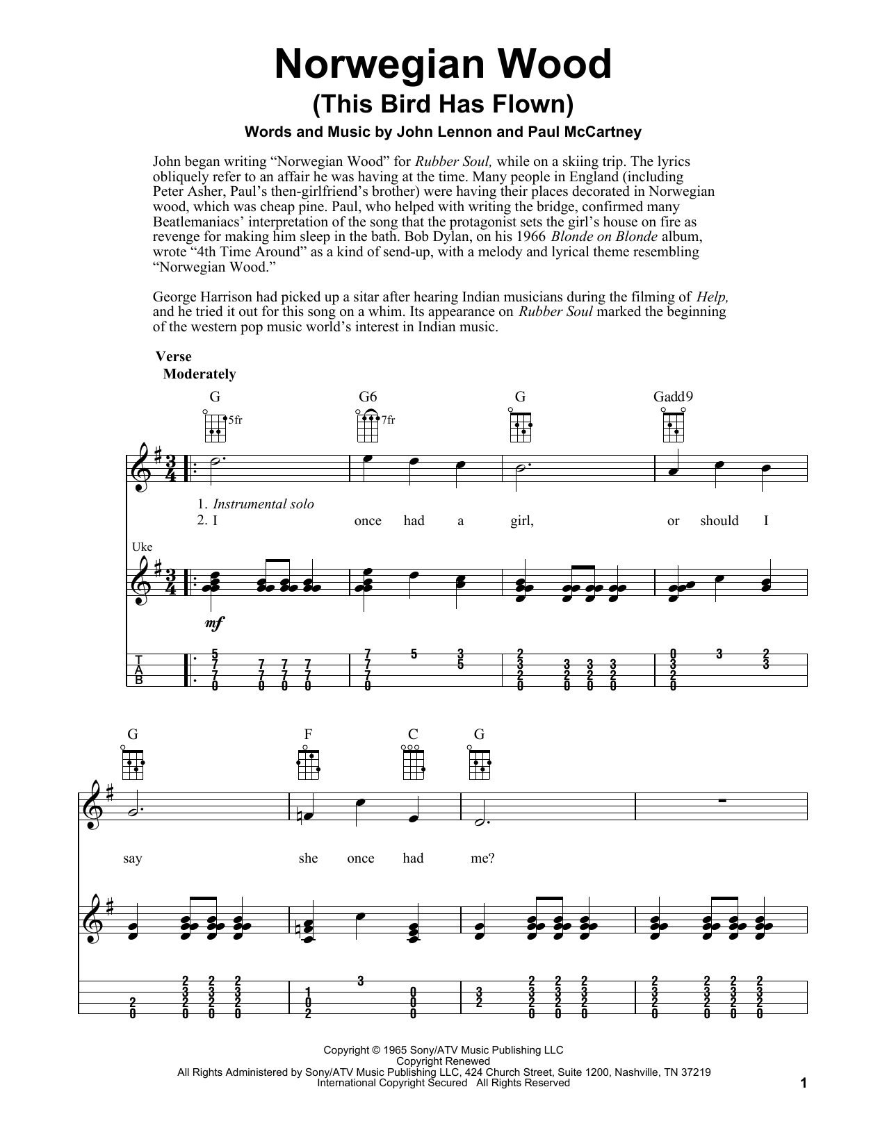 Norwegian Wood (This Bird Has Flown) (Easy Ukulele Tab) von The Beatles