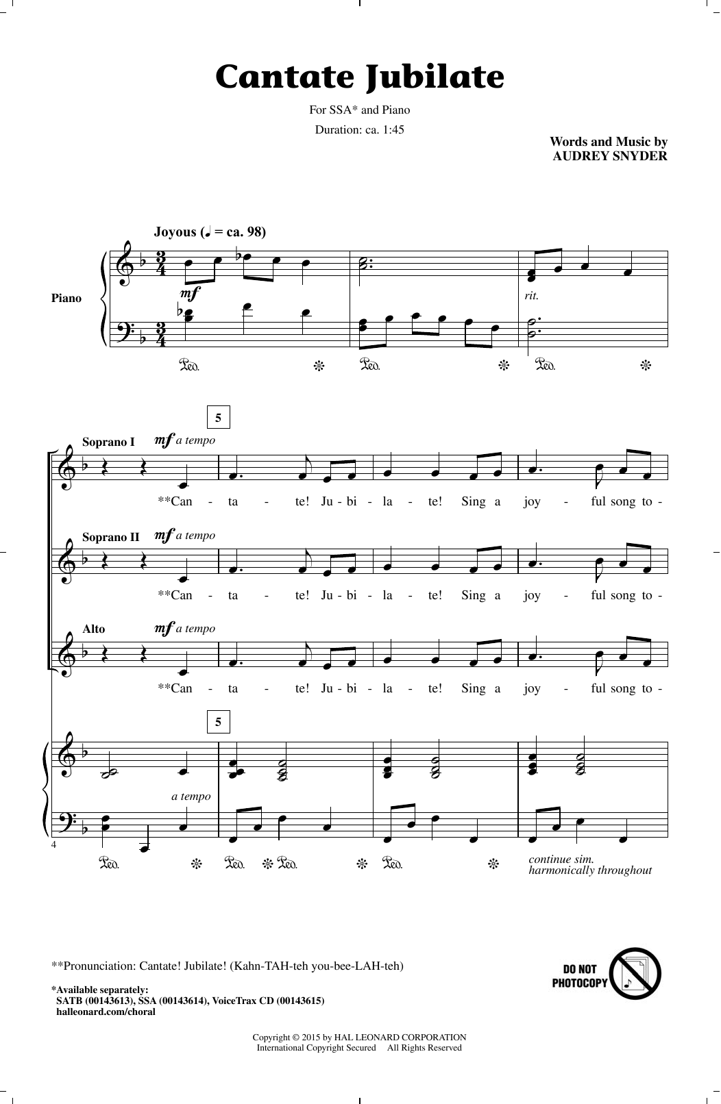 Cantate Jubilate (SSA Choir) von Audrey Snyder