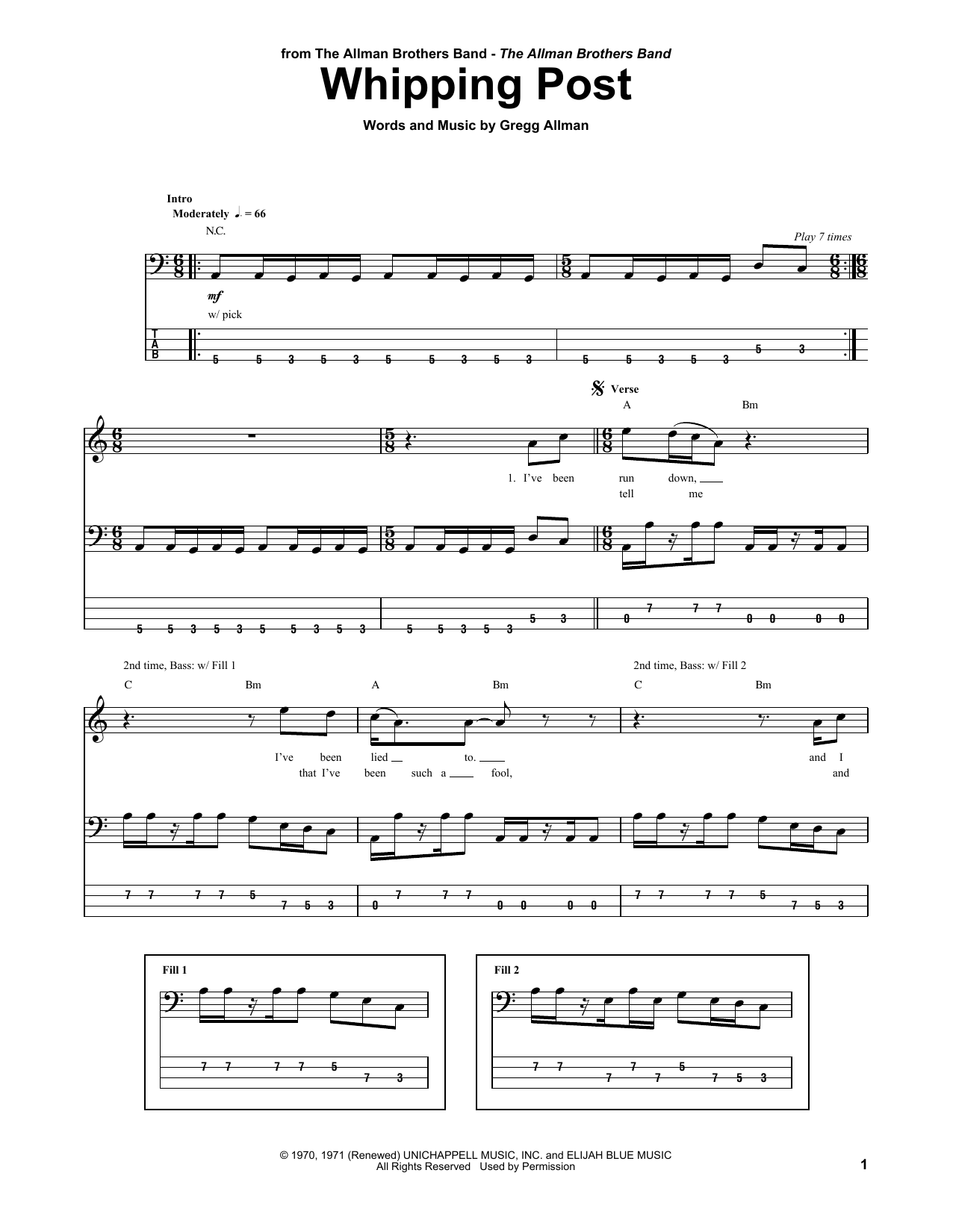 Whipping Post (Bass Guitar Tab) von Allman Brothers