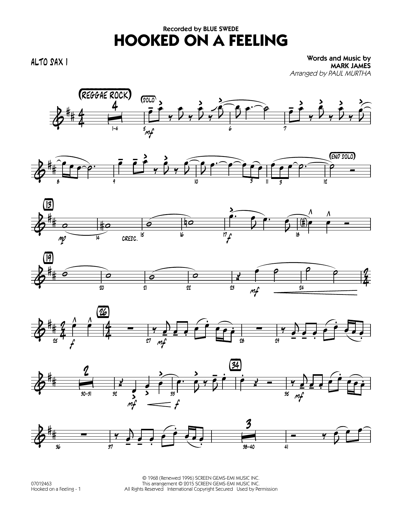 Hooked On A Feeling - Alto Sax 1 (Jazz Ensemble) von Paul Murtha