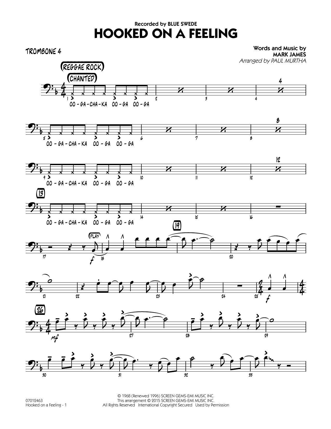 Hooked On A Feeling - Trombone 4 (Jazz Ensemble) von Paul Murtha