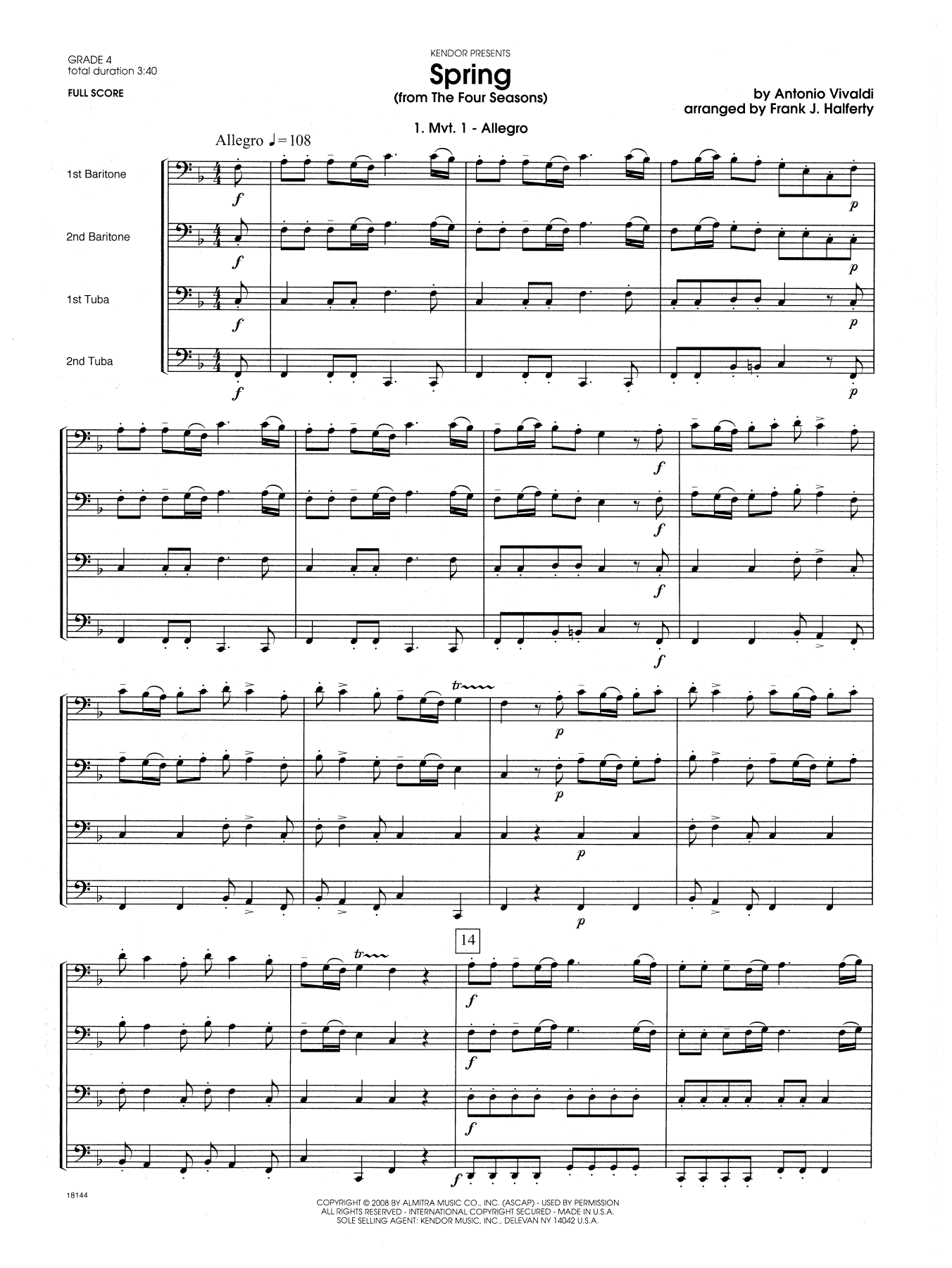 Spring (from The Four Seasons) - Full Score (Brass Ensemble) von Frank J. Halferty