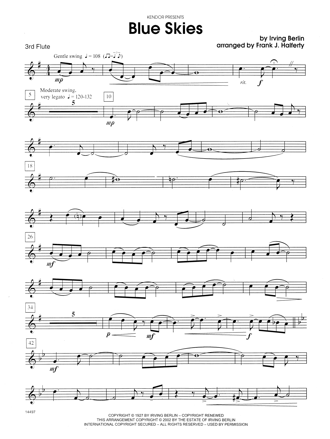 Blue Skies - 3rd C Flute (Woodwind Ensemble) von Frank J. Halferty
