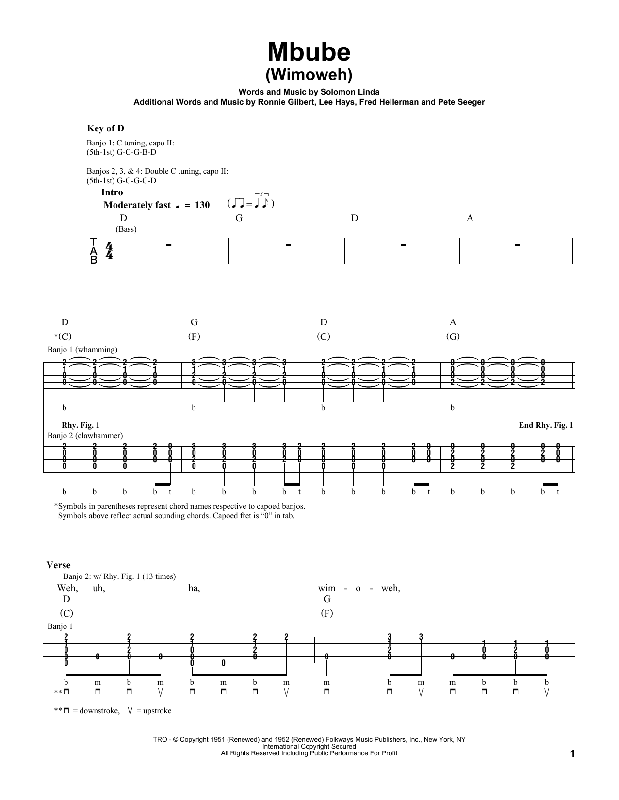 Mbube (Wimoweh) (Banjo Tab) von Pete Seeger