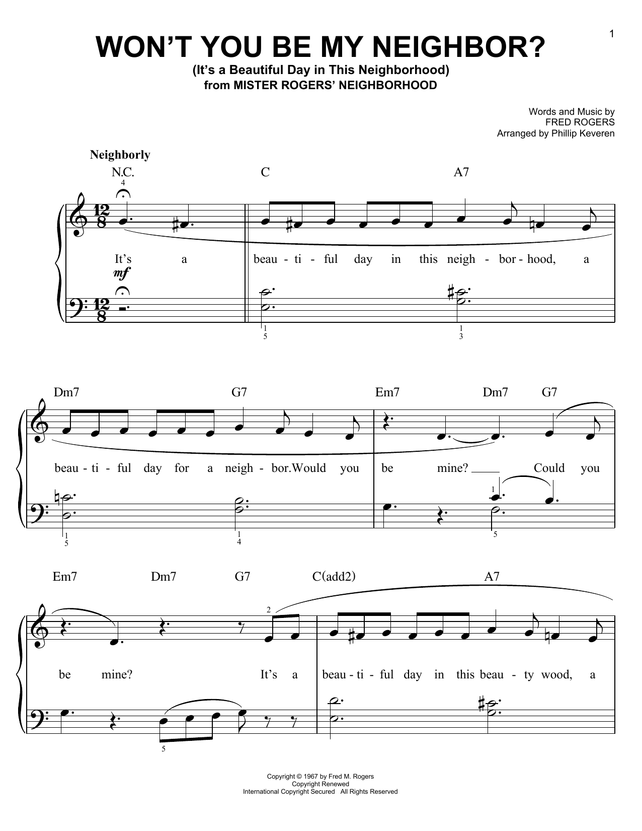 Won't You Be My Neighbor? (It's A Beautiful Day In The Neighborhood) (arr. Phillip Keveren) (Easy Piano) von Fred Rogers