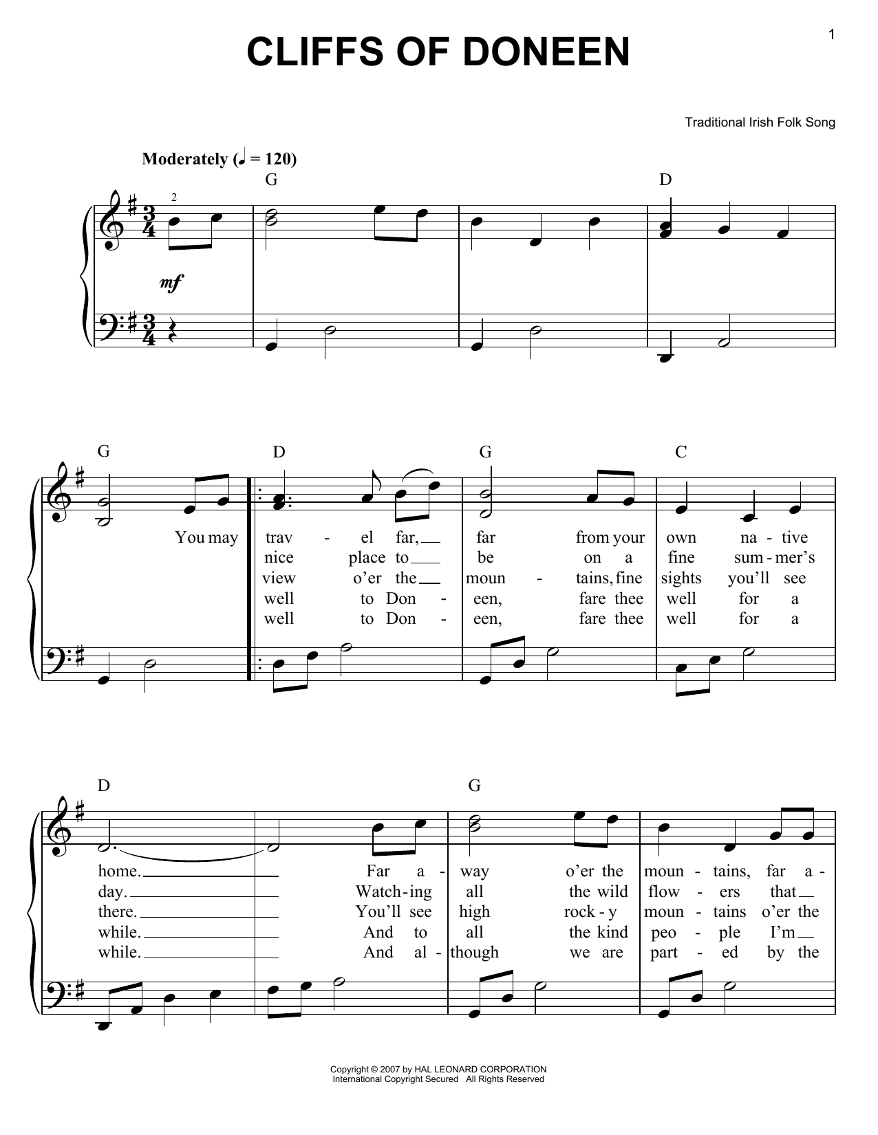 Cliffs Of Doneen (Easy Piano) von Irish Folksong