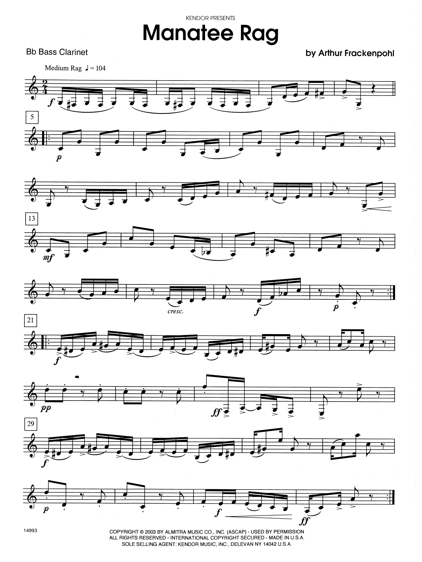 Manatee Rag - Bb Bass Clarinet (Woodwind Ensemble) von Arthur Frackenpohl