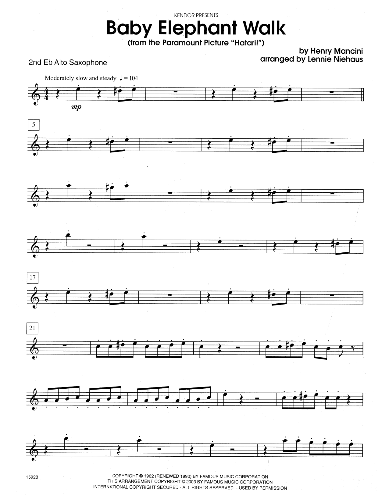 Baby Elephant Walk (From The Paramount Picture Hatari!) - 2nd Eb Alto Saxophone (Woodwind Ensemble) von Lennie Niehaus