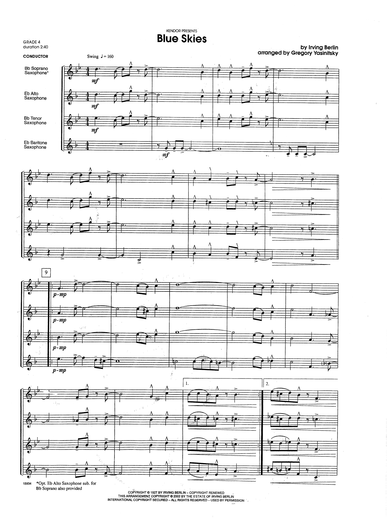 Blue Skies - Full Score (Woodwind Ensemble) von Gregory Yasinitsky