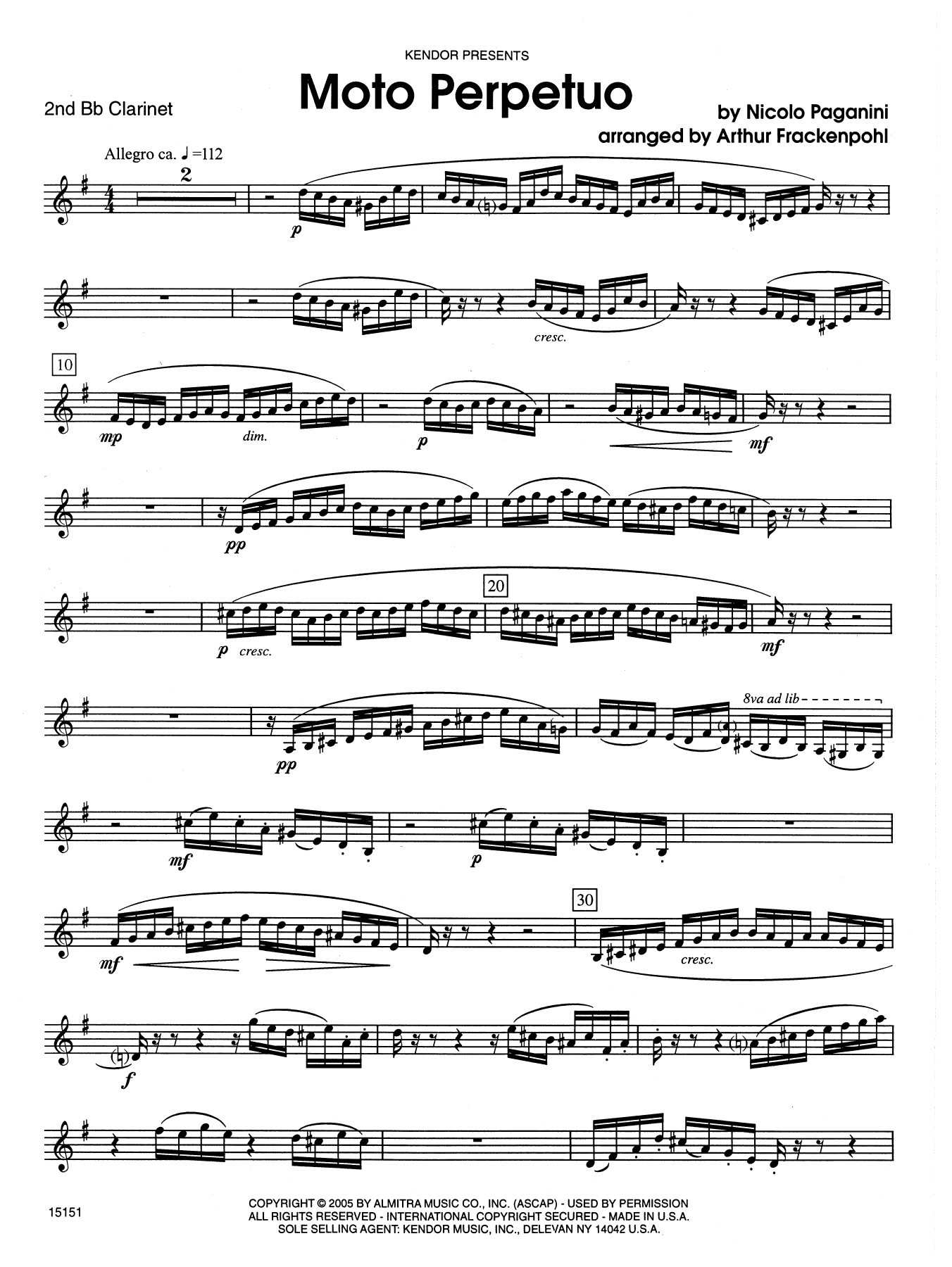 Moto Perpetuo - 2nd Bb Clarinet (Woodwind Ensemble) von Arthur Frackenpohl
