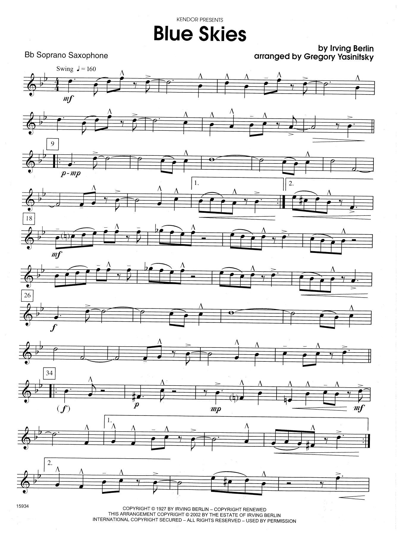 Blue Skies - Bb Soprano Sax (Woodwind Ensemble) von Gregory Yasinitsky