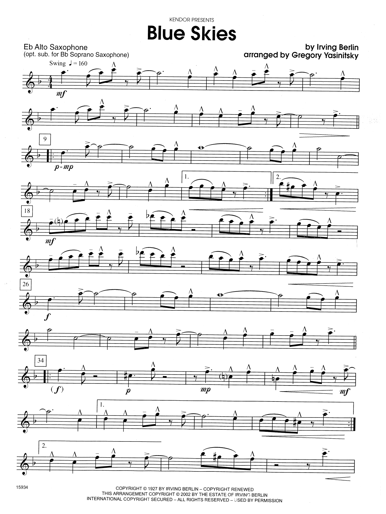 Blue Skies - Opt. Alto Sax (Woodwind Ensemble) von Gregory Yasinitsky