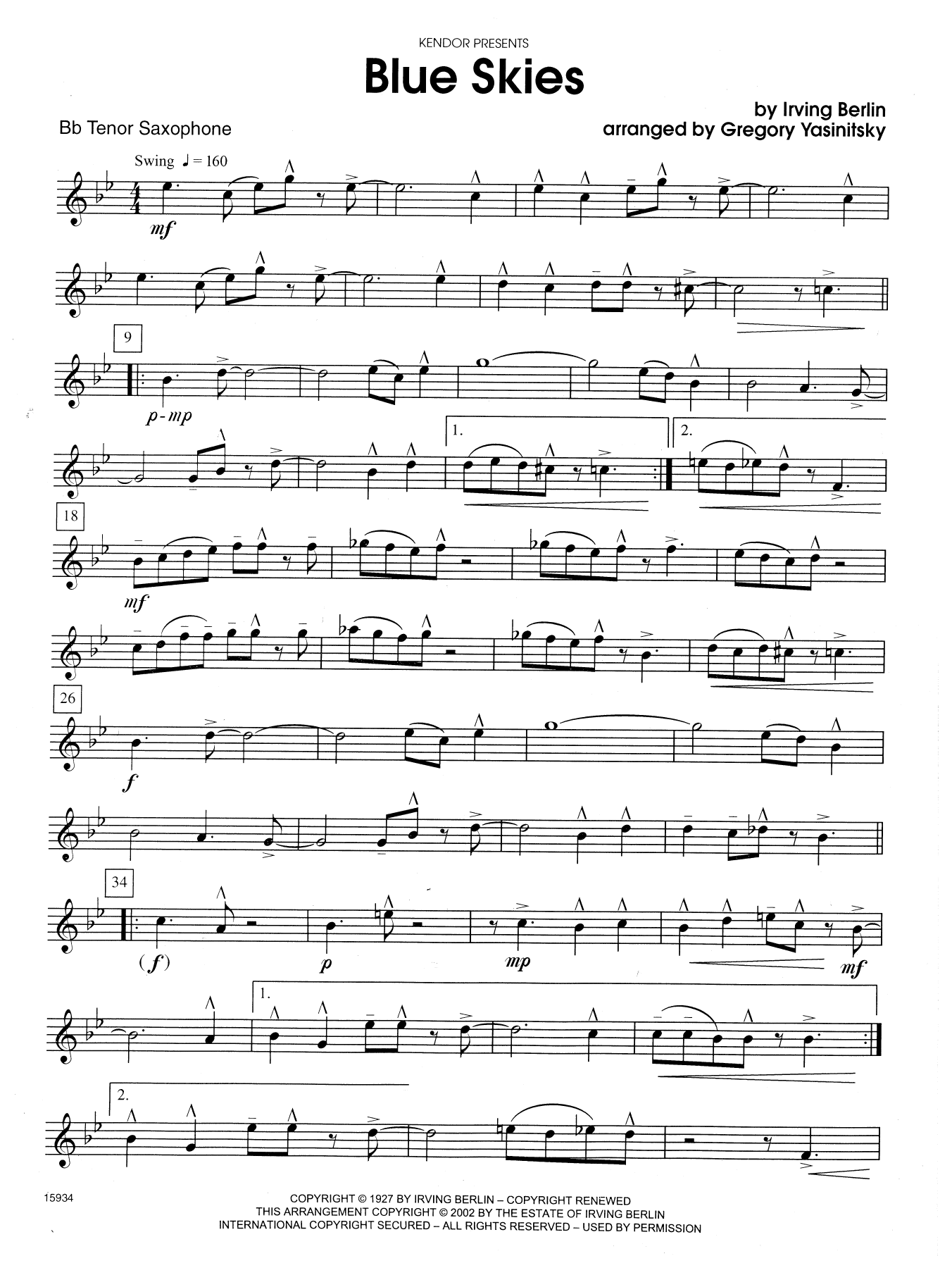 Blue Skies - Bb Tenor Saxophone (Woodwind Ensemble) von Gregory Yasinitsky