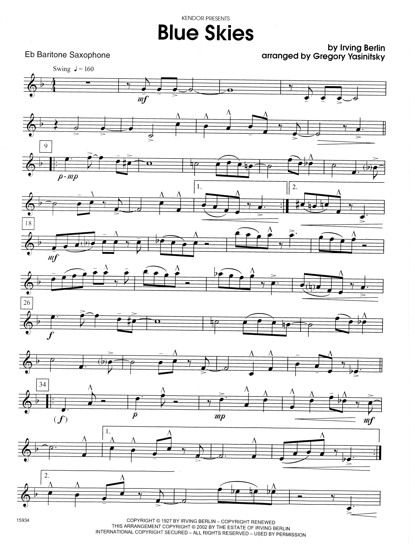 Blue Skies - Eb Baritone Saxophone (Woodwind Ensemble) von Gregory Yasinitsky
