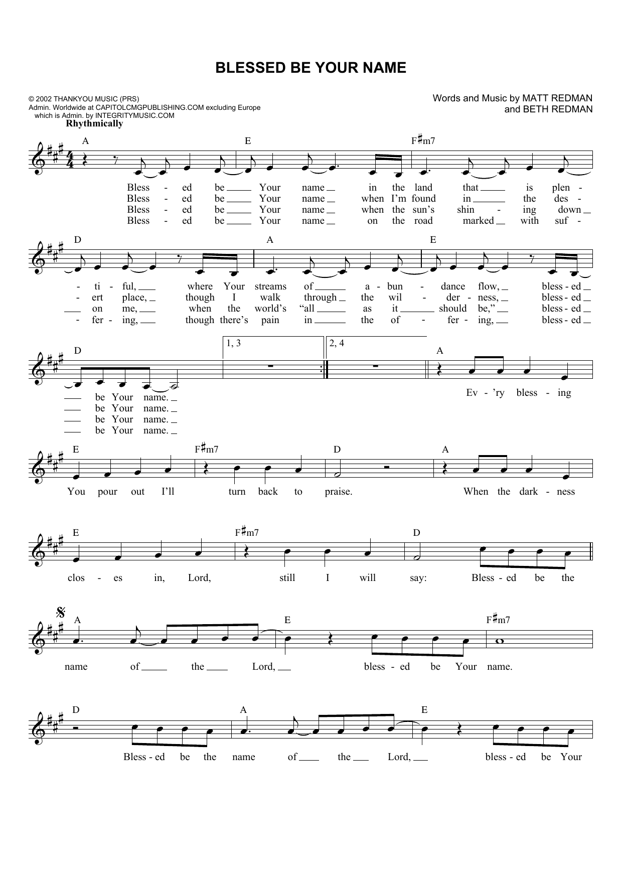 Blessed Be Your Name (Lead Sheet / Fake Book) von Matt Redman