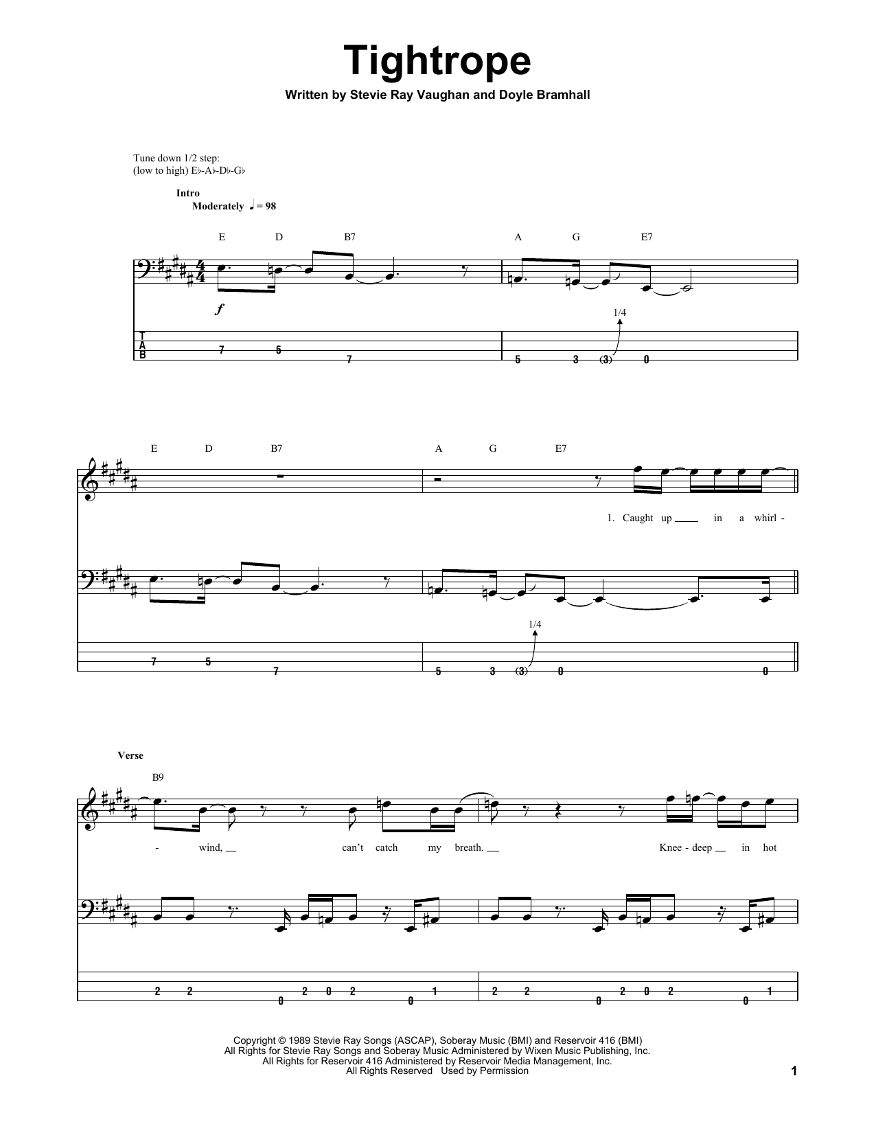 Tightrope (Bass Guitar Tab) von Stevie Ray Vaughan