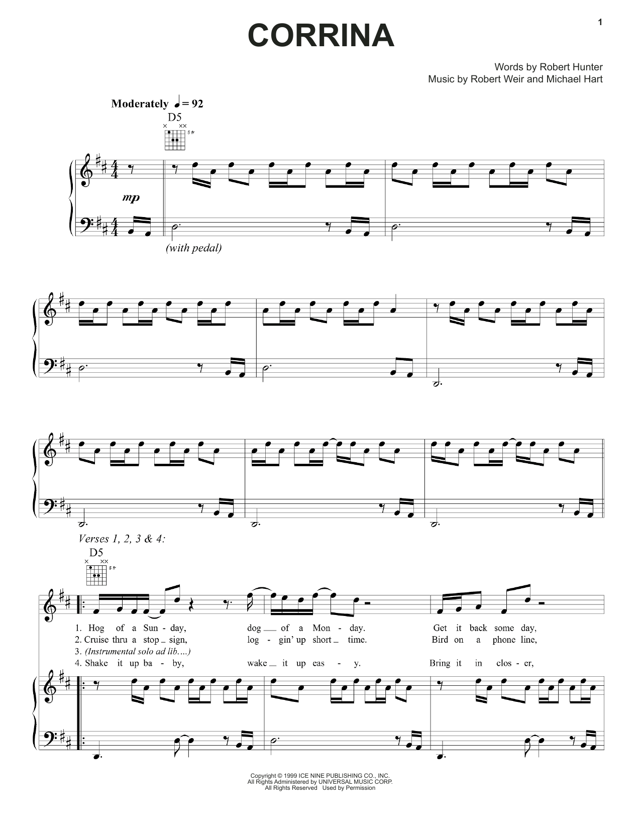 Corrina (Piano, Vocal & Guitar Chords (Right-Hand Melody)) von Grateful Dead