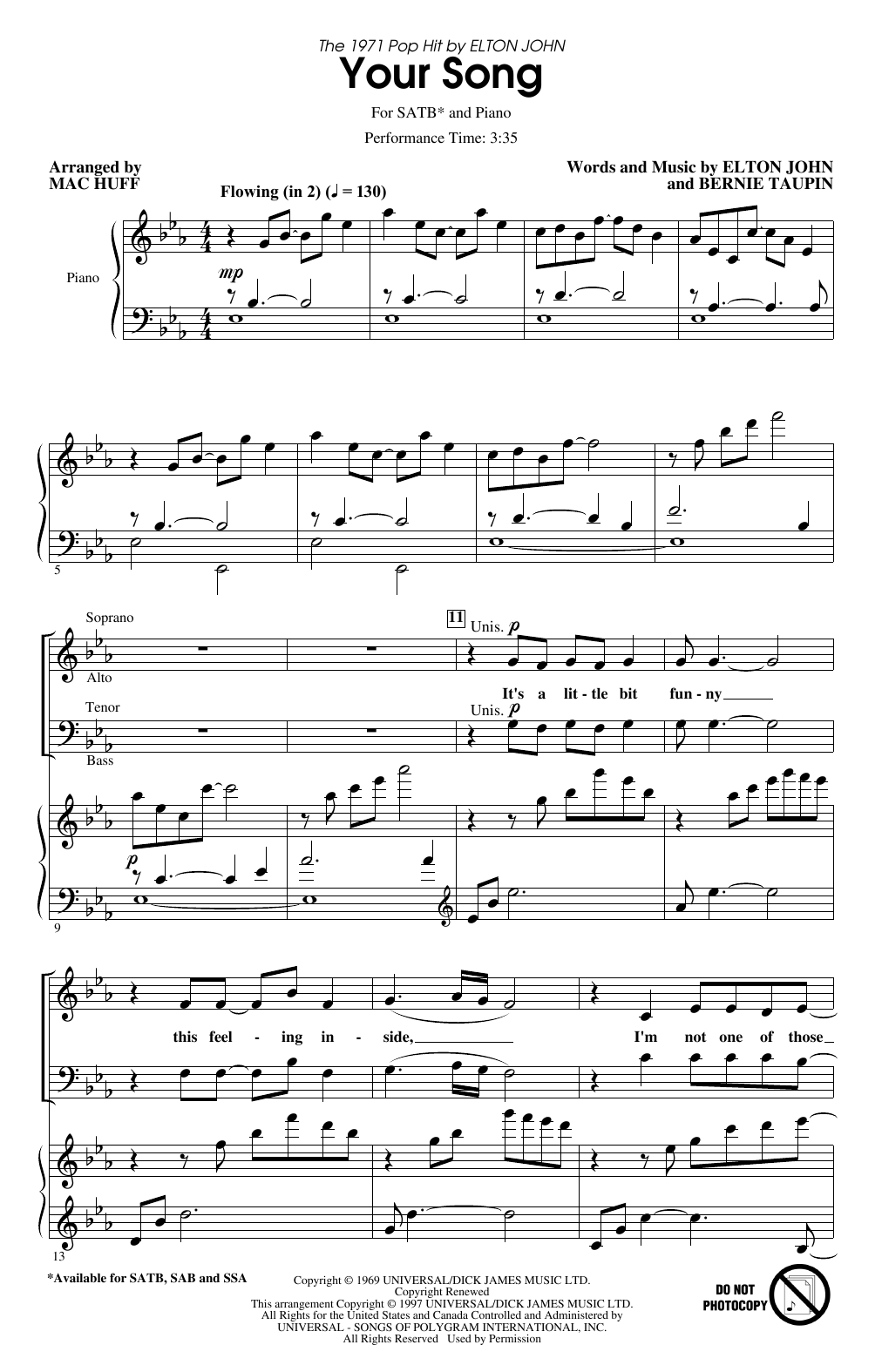 Your Song (arr. Mac Huff) (SATB Choir) von Elton John