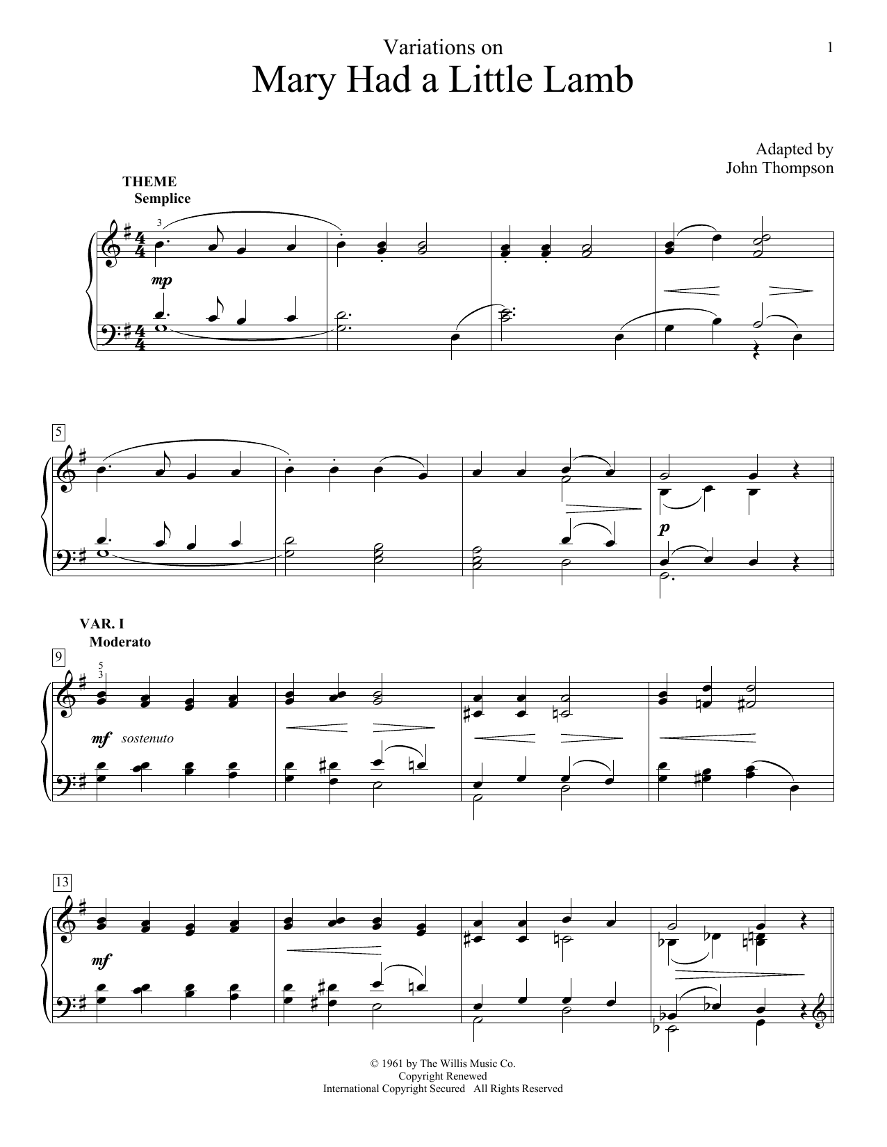 Variations On Mary Had A Little Lamb (Educational Piano) von John Thompson