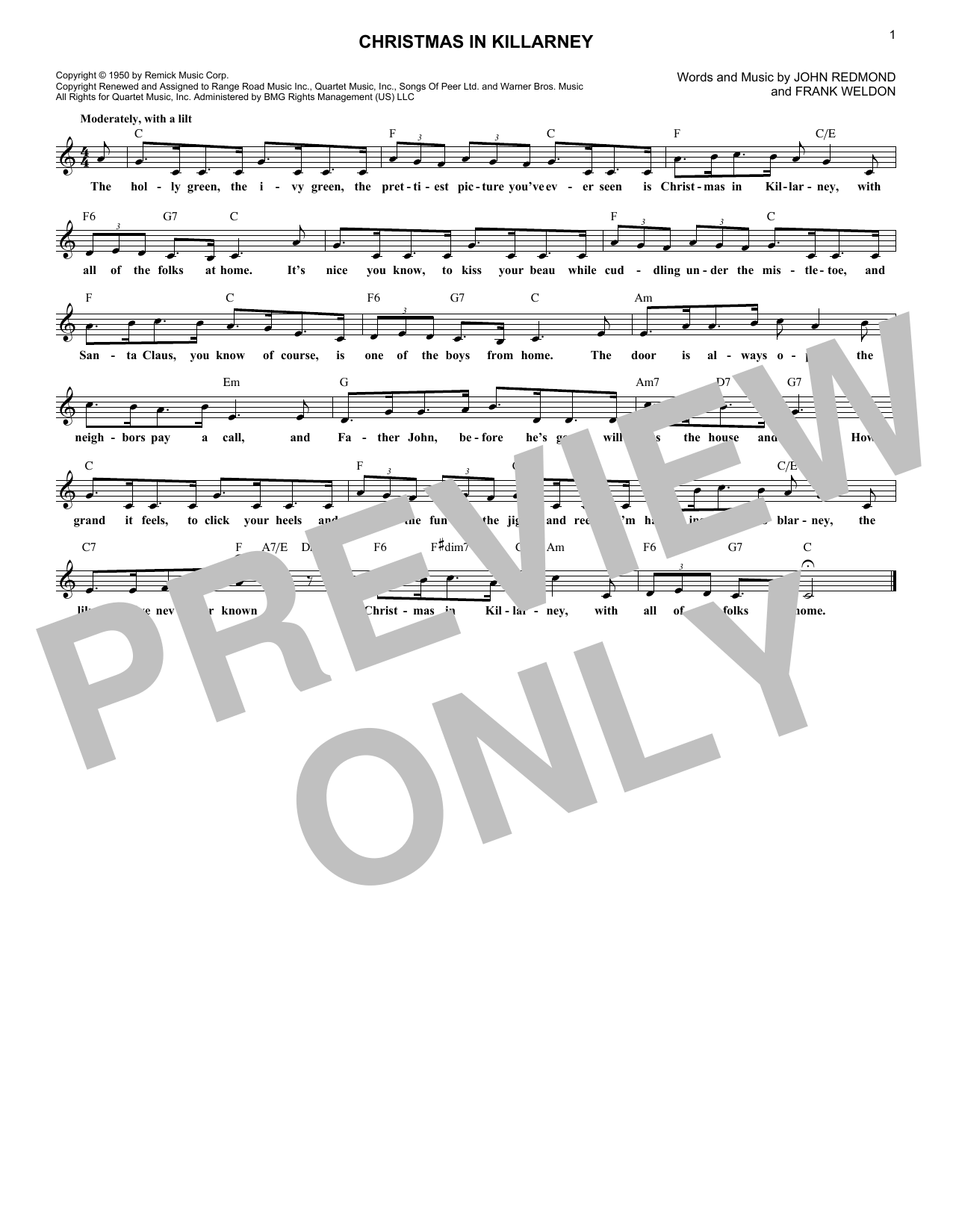 Christmas In Killarney (Lead Sheet / Fake Book) von John Redmond