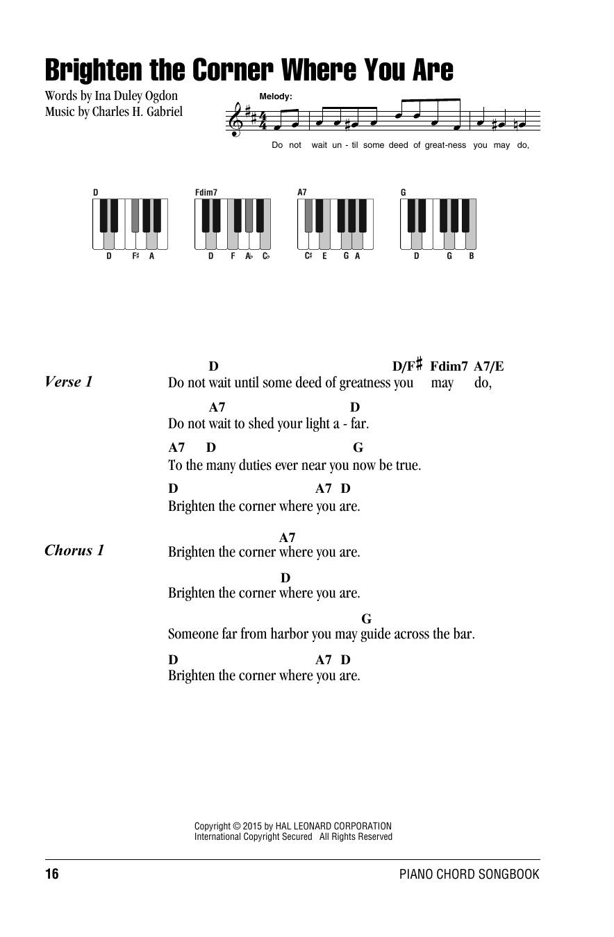 Brighten The Corner Where You Are (Piano Chords/Lyrics) von Charles H. Gabriel