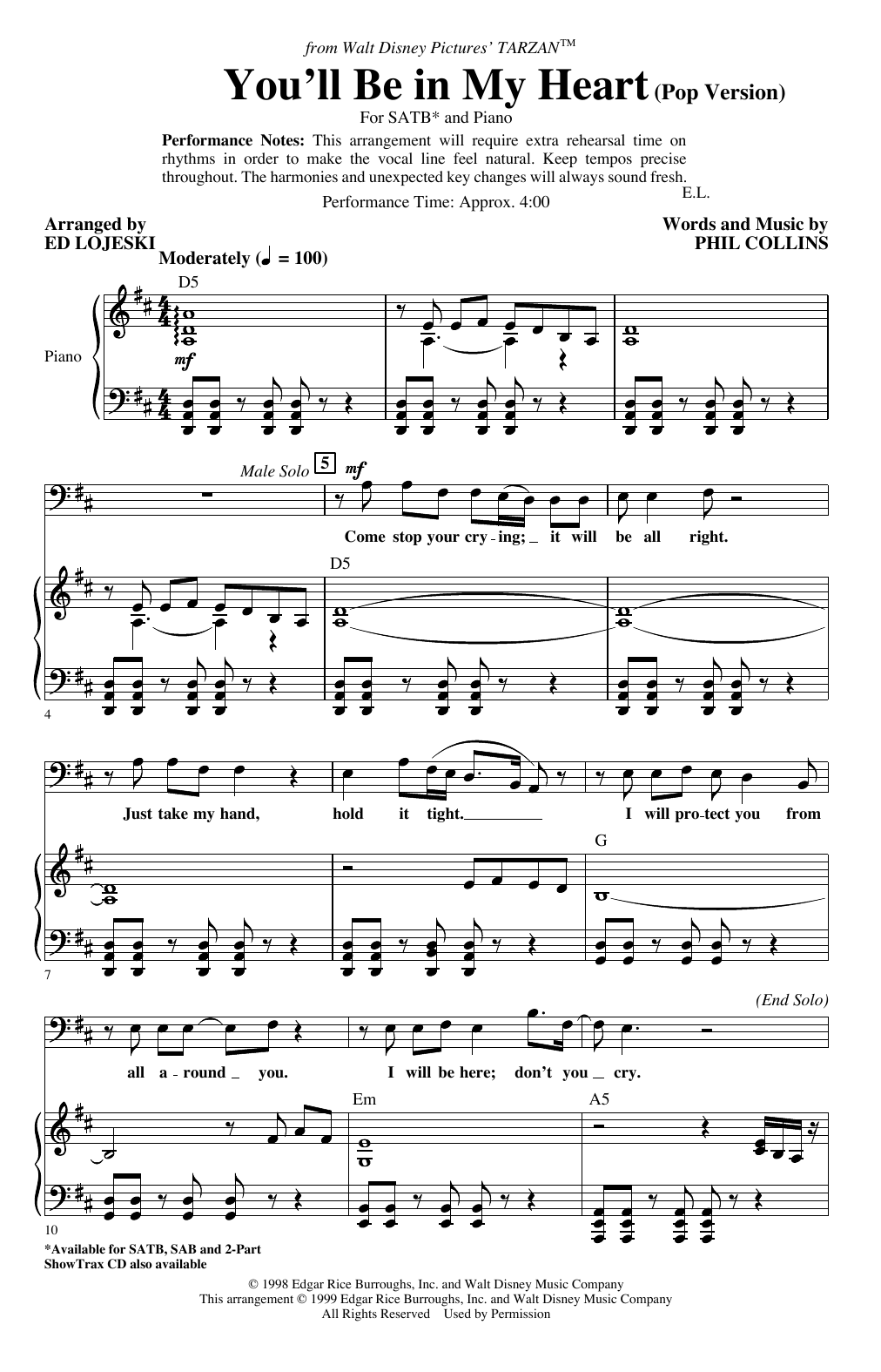 You'll Be In My Heart (Pop Version) (from Tarzan) (arr. Ed Lojeski) (SATB Choir) von Phil Collins