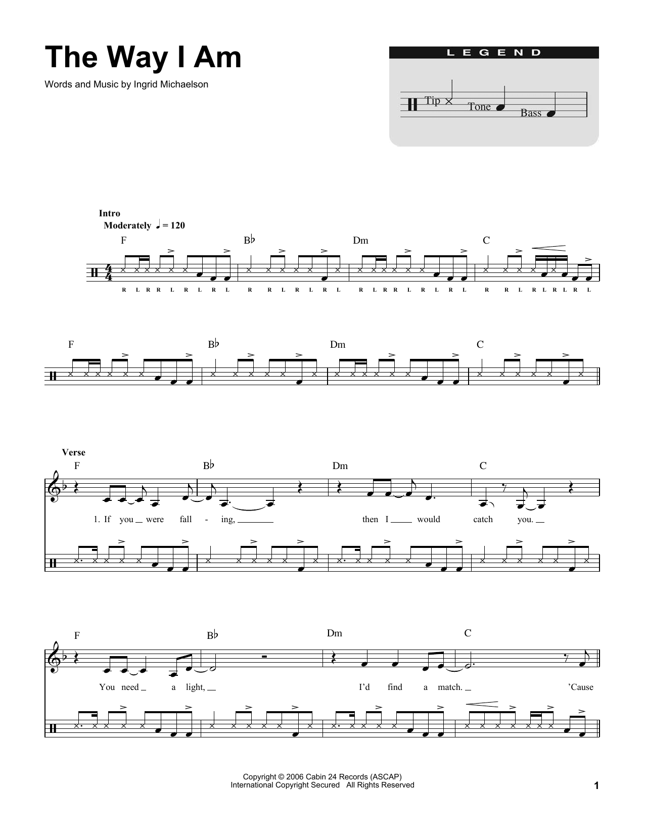 The Way I Am (for Acoustic Guitar, Voice and Cajn) (Drums Transcription) von Ingrid Michaelson