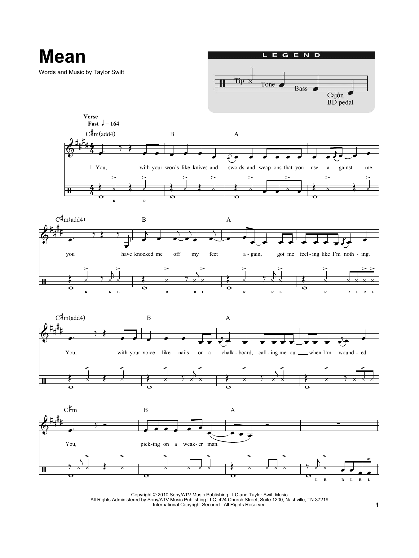 Mean (for Acoustic Guitar, Voice and Cajn) (Drums Transcription) von Taylor Swift