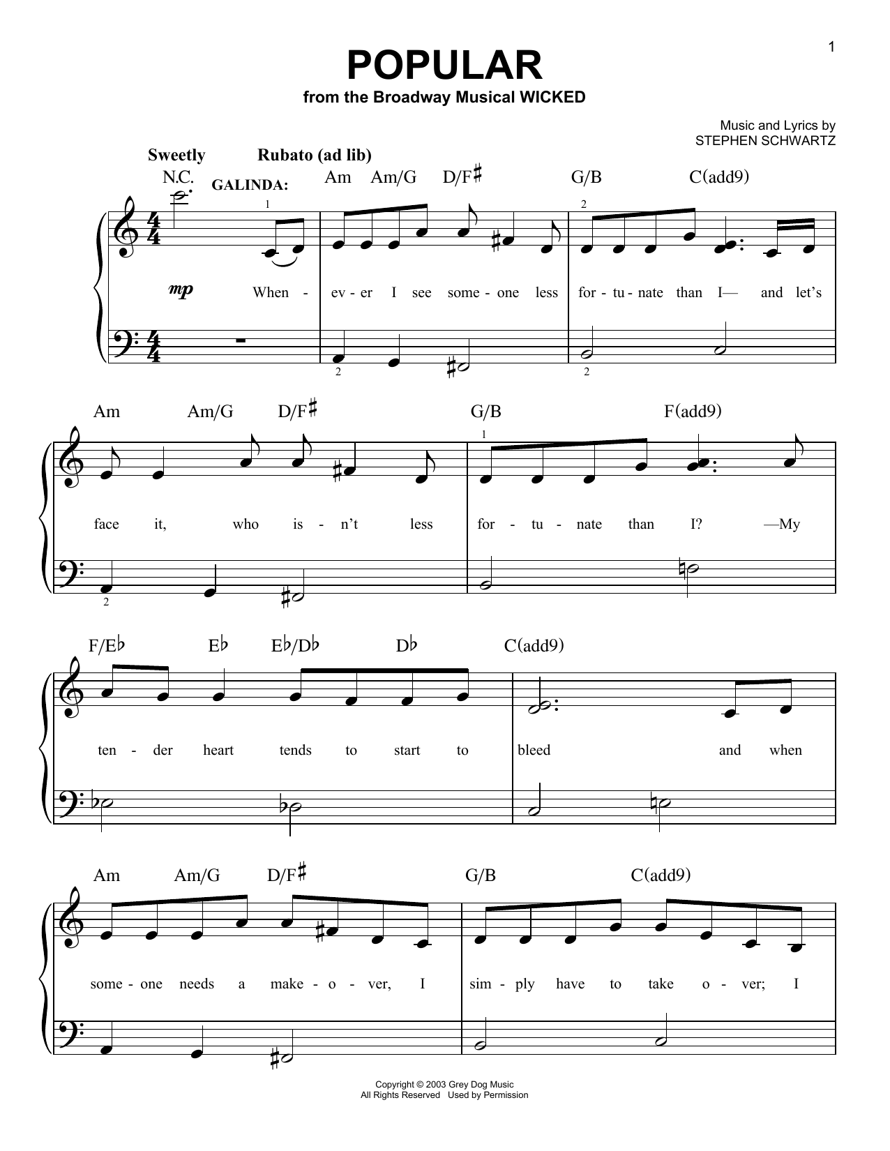 Popular (from Wicked) (Very Easy Piano) von Stephen Schwartz