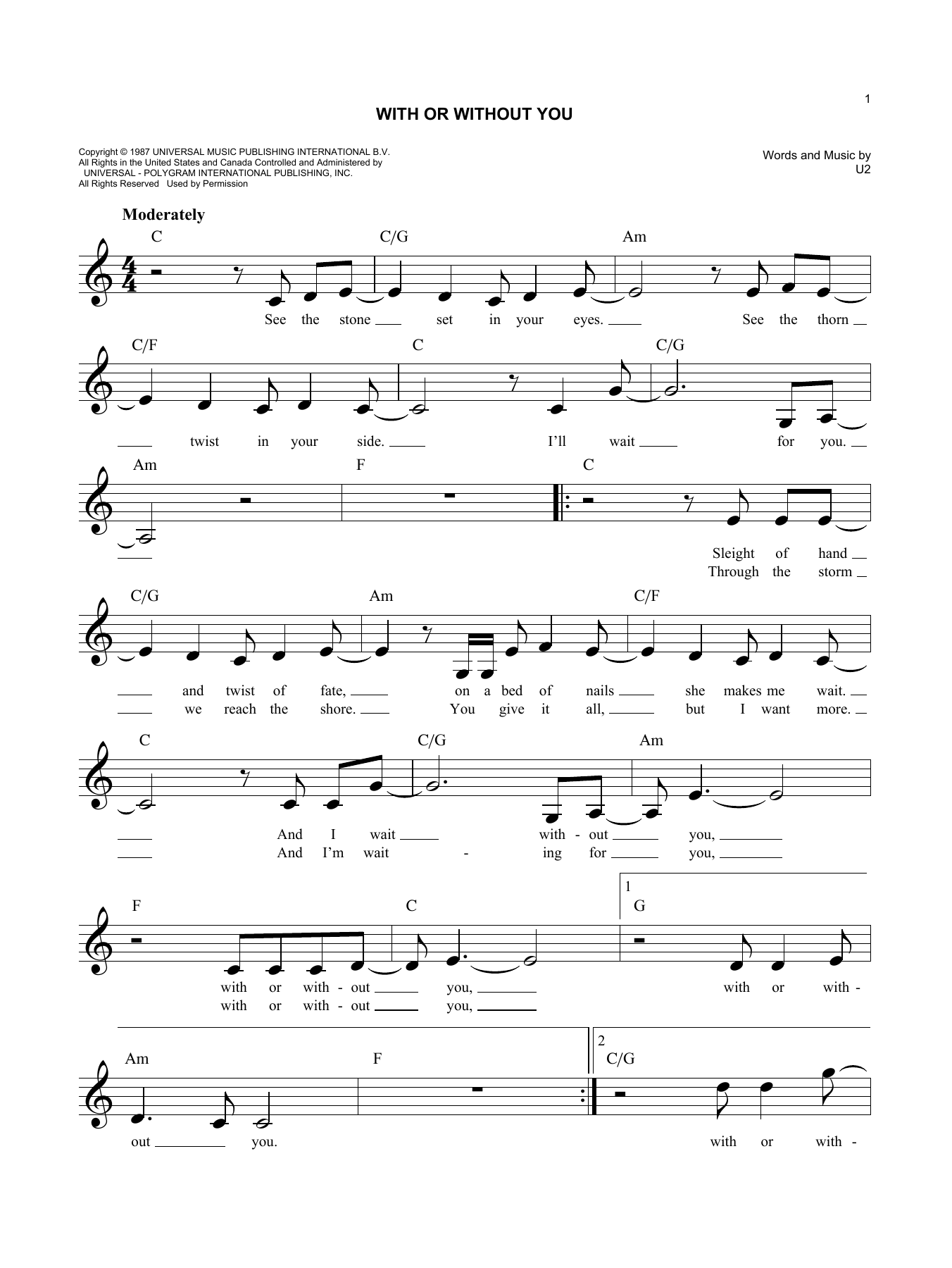 With Or Without You (Lead Sheet / Fake Book) von U2