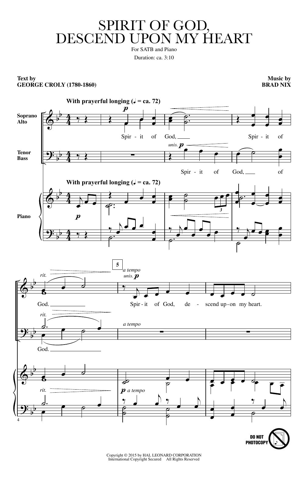 Spirit Of God, Descend Upon My Heart (SATB Choir) von Brad Nix