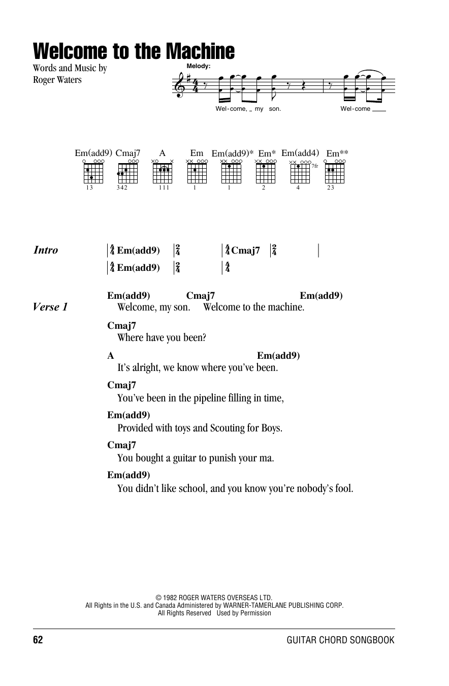 Welcome To The Machine (Guitar Chords/Lyrics) von Pink Floyd