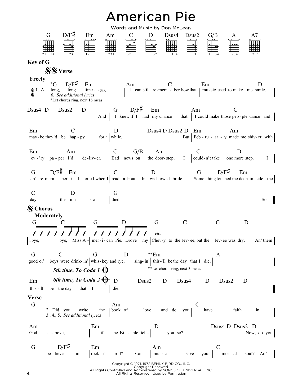 American Pie (Guitar Lead Sheet) von Don McLean