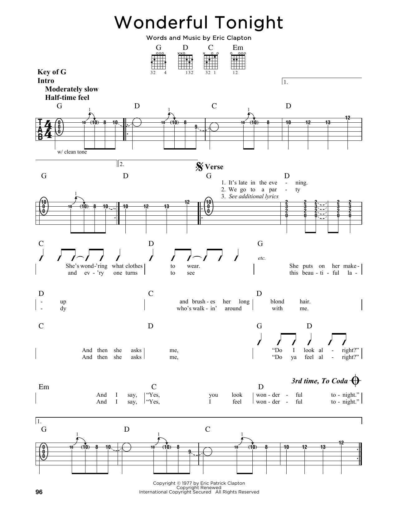 Wonderful Tonight (Guitar Lead Sheet) von Eric Clapton