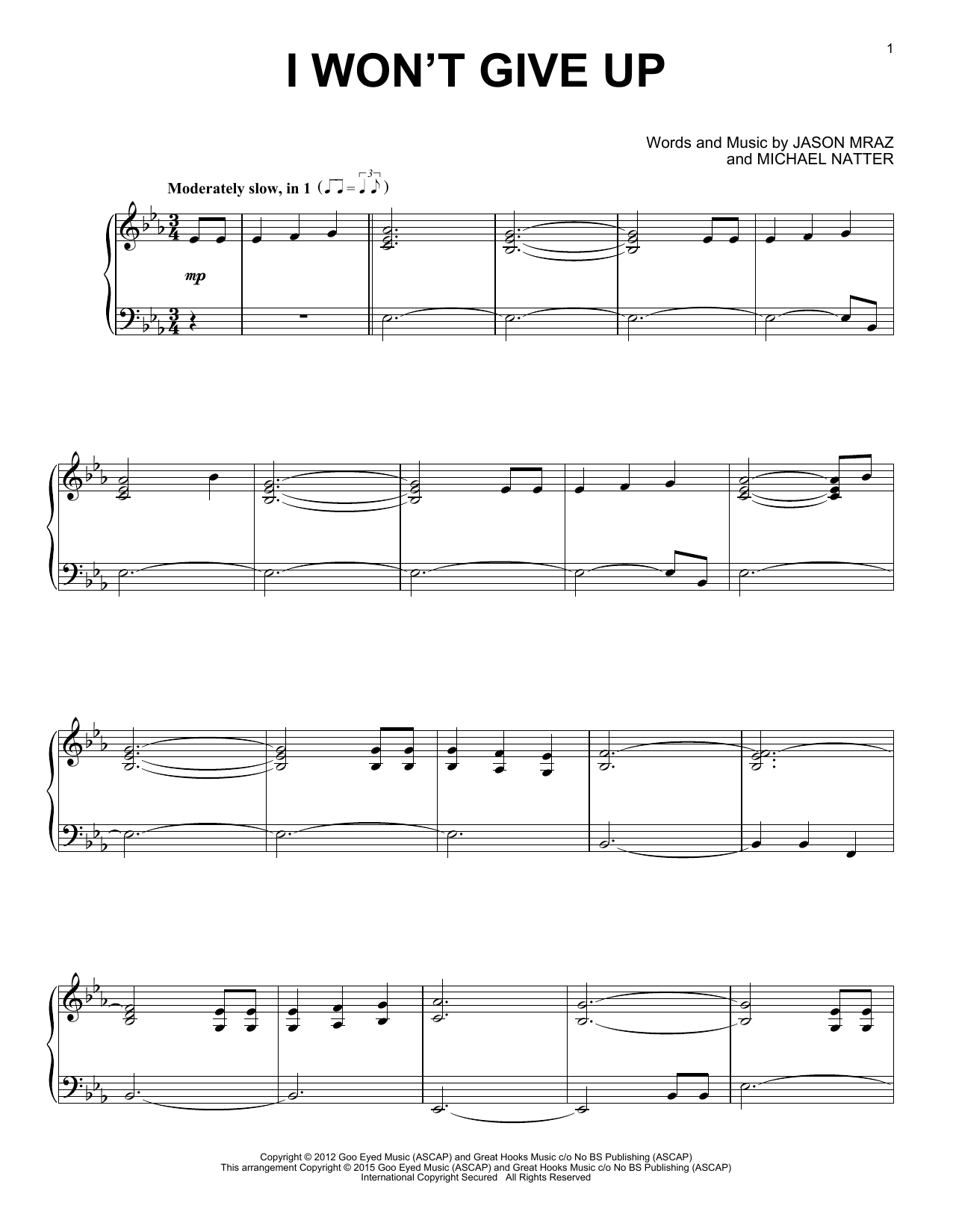 I Won't Give Up (Piano Solo) von Jason Mraz